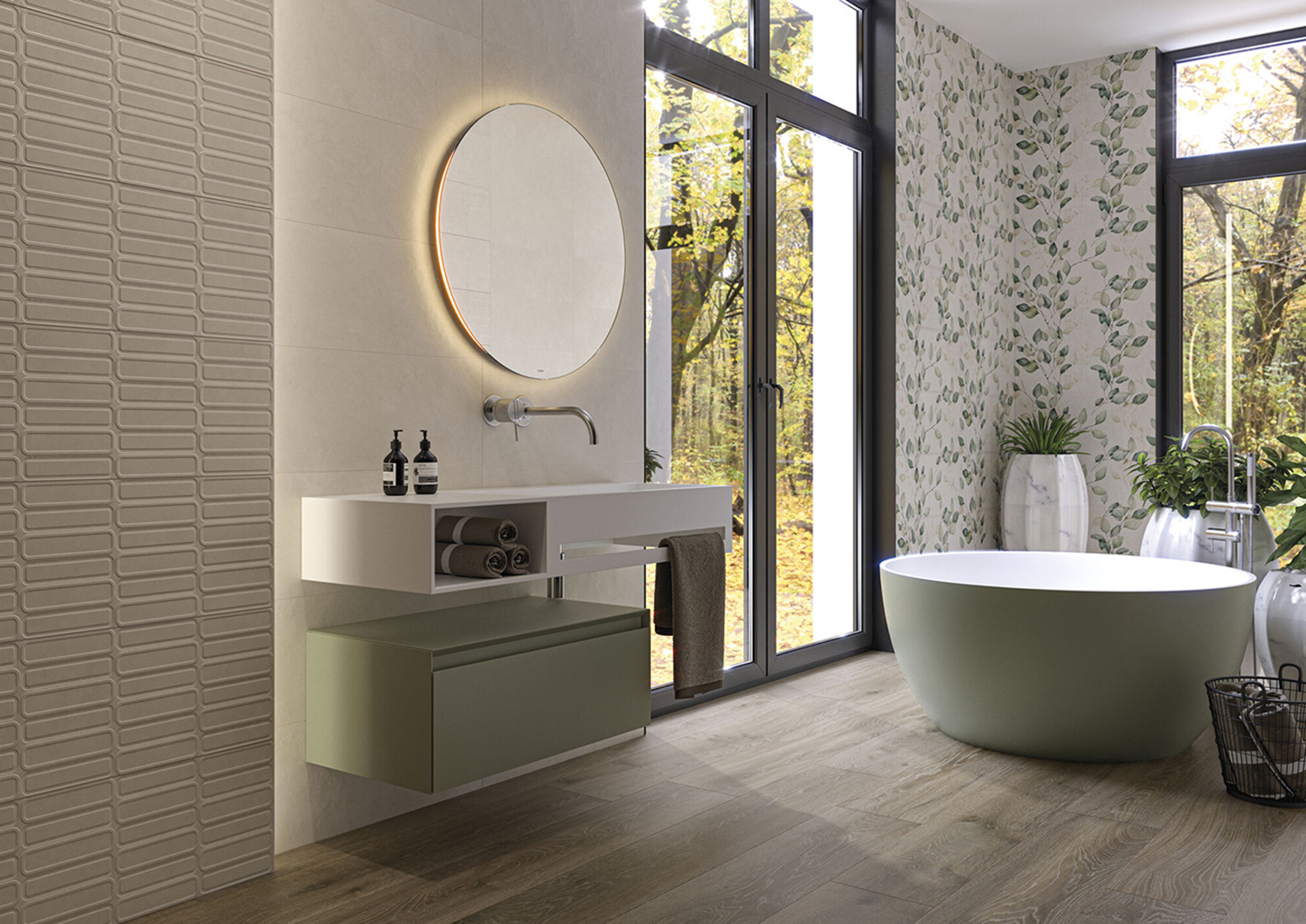 carreaux en grès cérame avec effet béton ALURE_01_AMBIENTE_ALURE_IVORY_CAUDALIE_OVAL_30X75_CAMDEN_MOKA_25X150